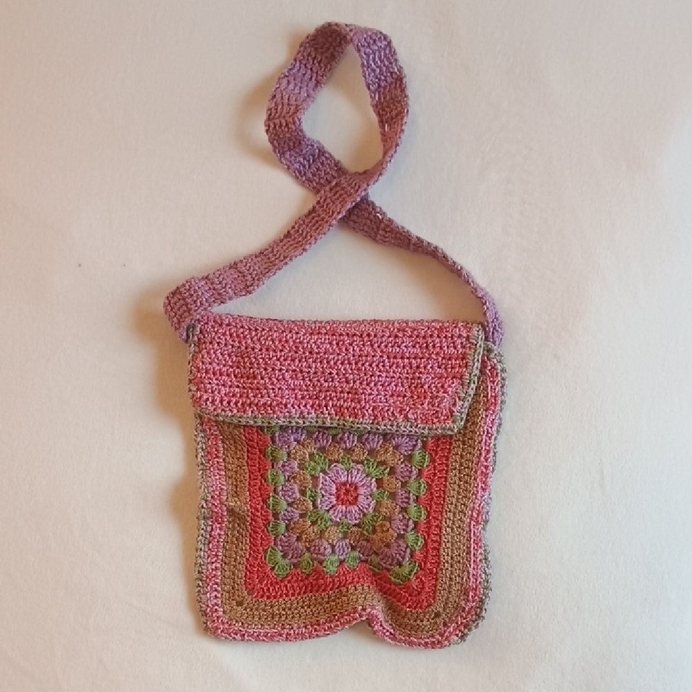 Handcrafted Pink and Brown Crochet Shoulder Bag With Pink And Green Floral Linin